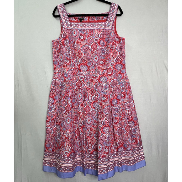 Talbots Fit &‎ Flare Medallion Dress Red & Blue Square Neck Midi Pleated Lined - Picture 2 of 16